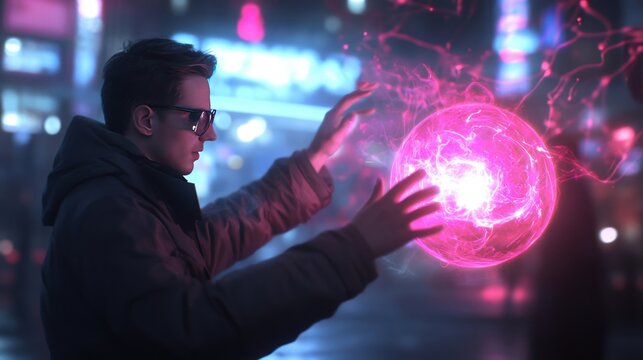 Man with glasses conjures glowing pink energy sphere in nighttime city.