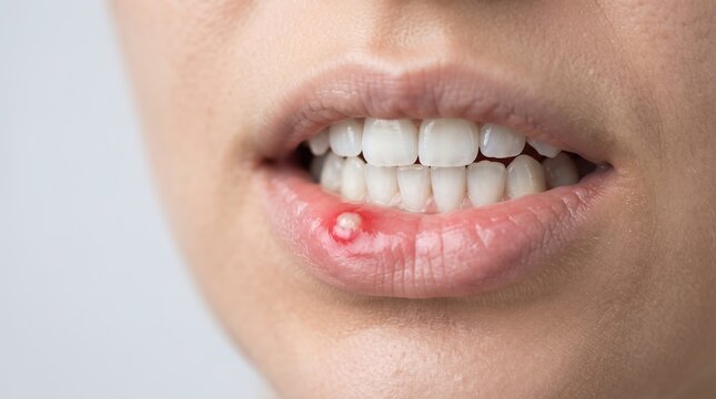 Close Up of Woman Lips with Herpes Simplex Virus Cold Sore Blister Infection