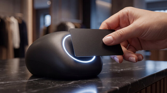 Close-up of a person using a blank black contactless smart card on a modern payment terminal reader