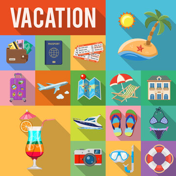 Vacation and Tourism Flat Icons Set