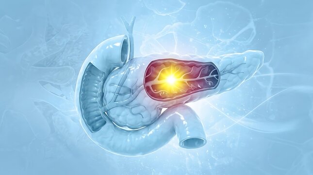 Human pancreas anatomy illustration with glowing internal inflammation