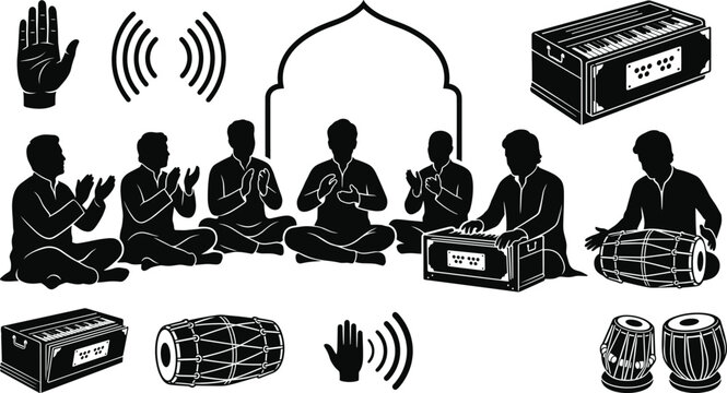 Indian Devotional Qawwali and Bhajan Musical Group Silhouette Icon Set with Harmonium, Dholak, and Tabla Symbols