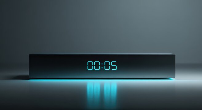 A digital countdown clock glowing with cyan numbers on a dark grey reflective surface. Time management concept for business presentations.