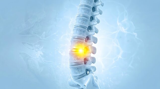 Human spinal column with glowing lumbar pain point 3d illustration