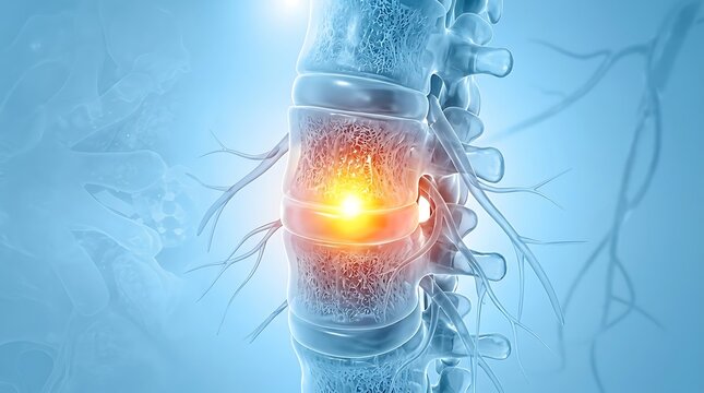 Human spine anatomy with glowing lumbar pain medical illustration
