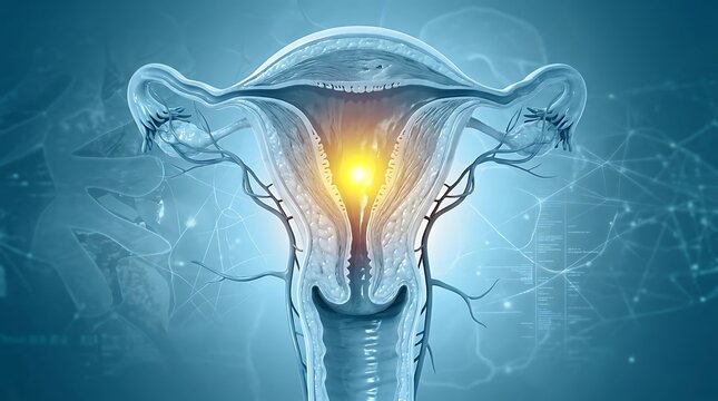 3d illustration of human female uterus and ovaries with pain point