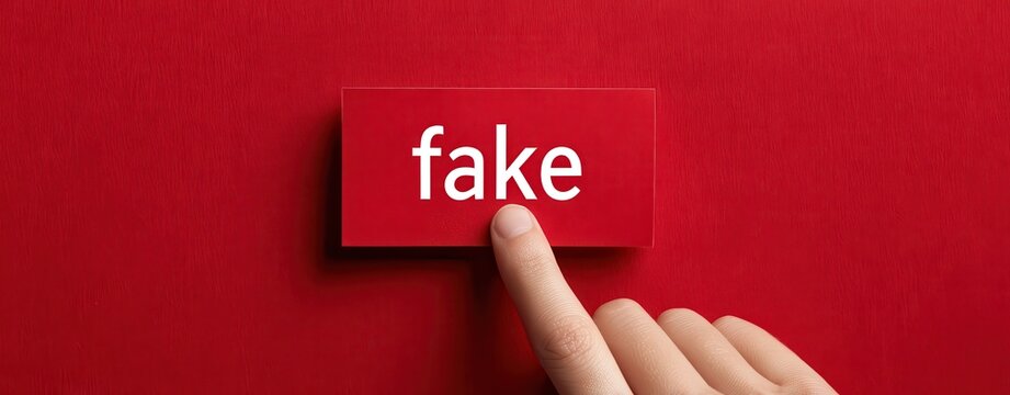 A hand touching a red card with the word fake written on it against a red background. Concept for fact-checking and truth verification in digital media.