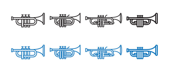 Trumpet Icon Set with Brass Musical Instrument Outline Designs. © Safali