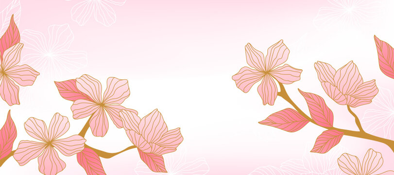 Elegant pink floral background with gold flower outlines, tree branch and pastel gradient, vector frame with blossom pattern for wedding invitations, spring card pattern, botanical corner border