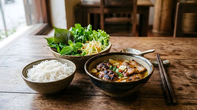 Rustic presentation of Asian grilled pork noodles and fresh herbs on a weathered wooden table