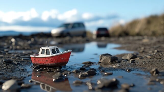Small red toy boat floats in a puddle on a rocky shore with cars in the background.