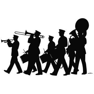 Military band marching with brass instruments and drums illustration vector silhouette for parades.