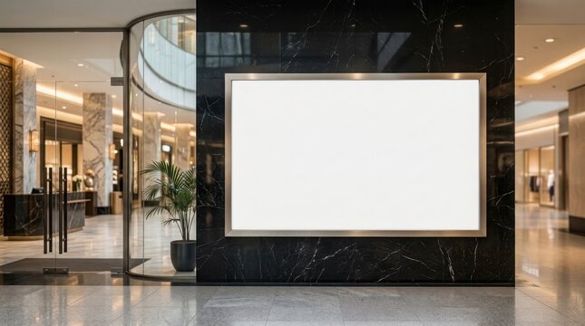 A blank billboard mounted on a black marble wall at the entrance of a high-end shopping mall area.