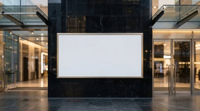 A blank billboard on a black marble wall at a shopping mall entrance with glass doors and ceilings.