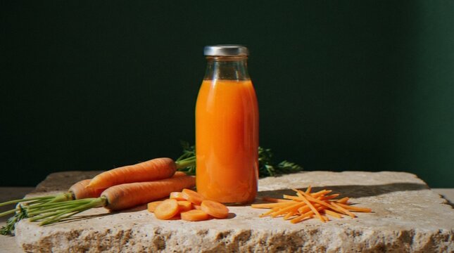 A glass bottle of freshly squeezed carrot juice with whole, sliced, and julienned carrots on a textured stone surface against a dark green background.
