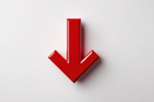 A glossy red 3D arrow pointing downwards, isolated on white background. Financial decline concept for business graphics.