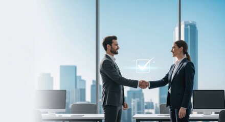 Fototapeta premium Business man and woman in suits shaking hands in a bright office with city skyline view and a glowing digital checkmark floating between them during a successful corporate agreement