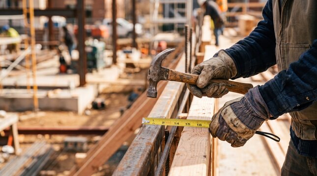 Construction worker using hammer and measuring tape on site