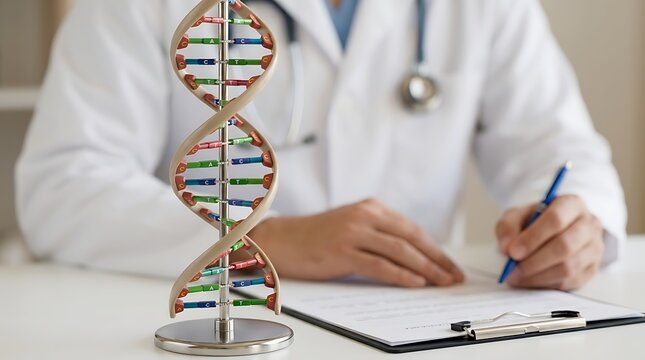 Medical professional analyzing dna helix model in clinic