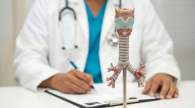 Doctor examines anatomical model of human respiratory system