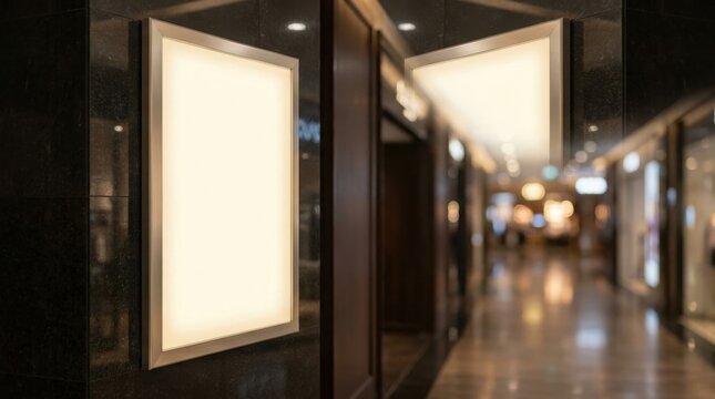 An illuminated poster lightbox mounted on a dark stone wall inside a luxury shopping mall interior.