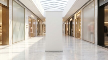 Fototapeta premium A vertical roll-up banner stand mockup positioned in the middle of a wide shopping mall corridor.