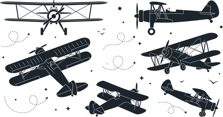 Vintage Biplane Retro Airplane Silhouette Icon Set with Propeller Aircraft for Aviation and Flight Graphic Designs © REYAD