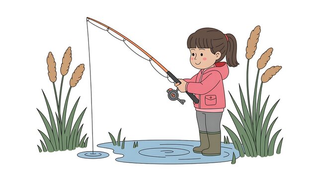 Young girl fishing in a small pond with reeds