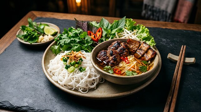 Platter of Vietnamese grilled pork in dipping sauce with rice vermicelli and aromatic herbs