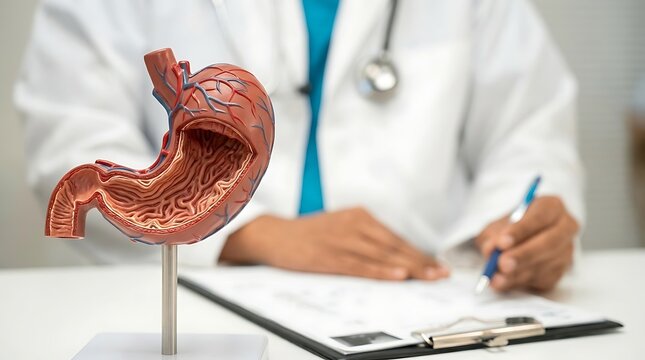 Gastroenterologist explaining digestive health using a stomach model