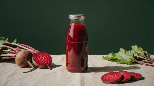 A bottle of fresh organic beetroot juice placed on a rustic linen cloth, surrounded by raw beetroots and sliced beets against a dark green background.