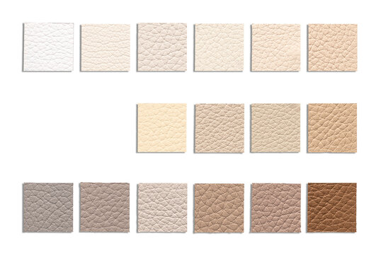 Collection of square leather samples arranged in a gradient of neutral shades from white and beige to tan and brown showing detailed grain texture