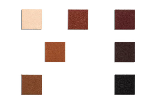 A collection of various leather swatches arranged on a white background