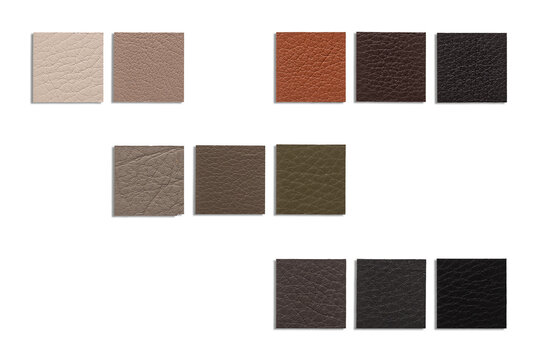 A collection of various leather and suede swatches arranged on a white background