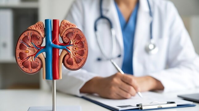 Anatomical kidney model with professional doctor in the background