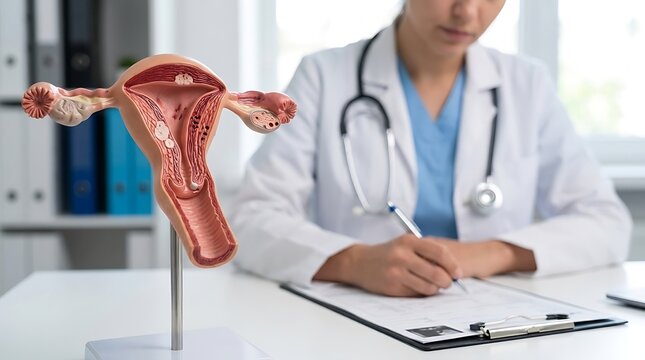 Doctor writing medical notes near female reproductive system model