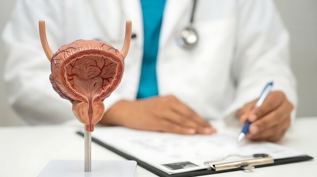 Medical doctor consulting with a bladder and prostate anatomical model