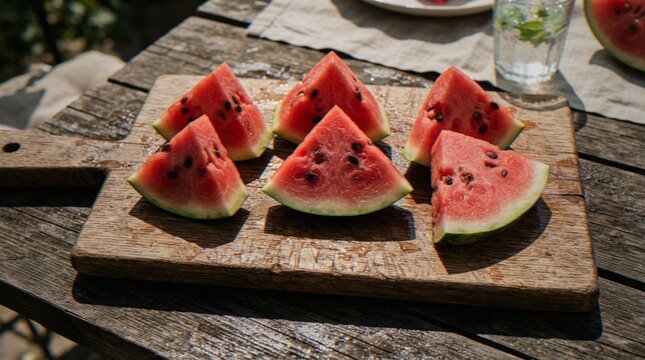 Five fresh, juicy, triangular slices of red watermelon arranged on a rustic wooden cutting board outdoors on a sunny day.