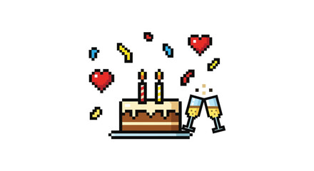 Naklejka premium Pixel art birthday cake celebration.