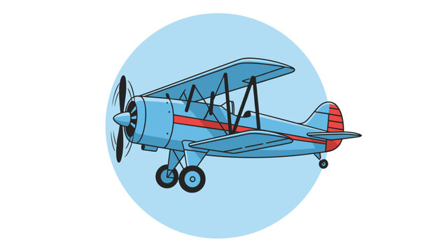 Vintage blue biplane aircraft flying inside a light blue circular sky background in a retro illustration.