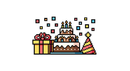 Fototapeta premium Pixel art birthday celebration cake.