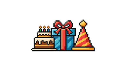 Fototapeta premium Pixel art birthday celebration objects.