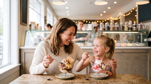 Joyful mother daughter eating sundaes
