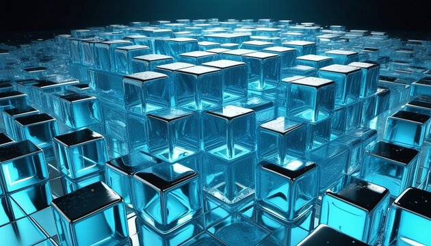 Professional abstract minimalist 3D background with transparent ice-blue crystal glass blocks with copy space