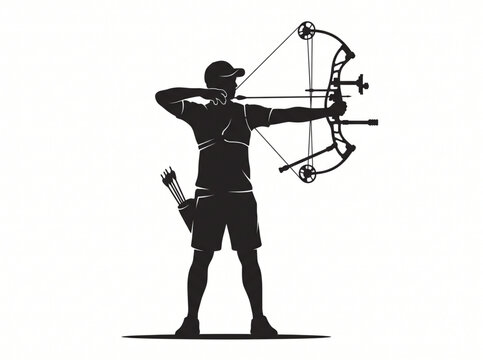 Male Archer Aiming Compound Bow Silhouette Vector Illustration