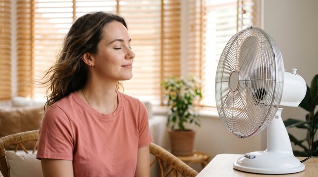 A woman with her eyes closed enjoys the cool breeze from a white electric fan on a warm day.
