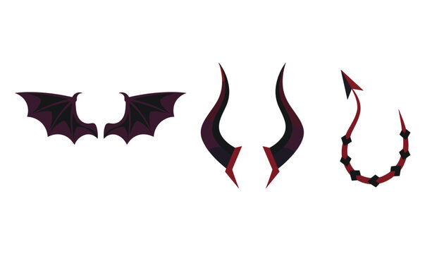 Spooky devil costume accessories set including black bat wings, long pointed horns, and a spiked tail on white background.