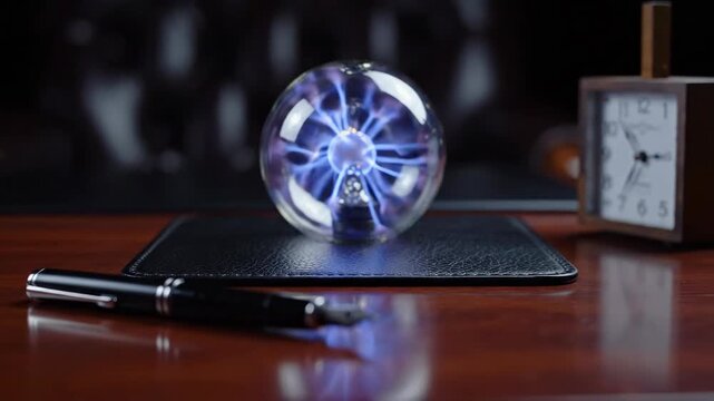 Glass Bulb with Glowing Plasma Filaments on Leather Notebook Beside Analog Clock, Blue Electric Science Display on Dark Textured Surface