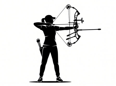 Female Archer Aiming Compound Bow Silhouette Vector Illustration
