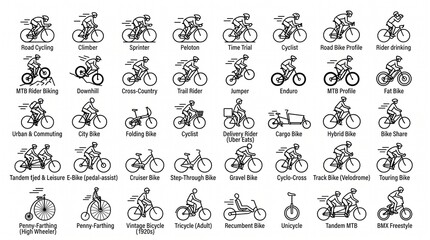 Set of bicycle icons showing various types of bikes and cycling activities in black outline. © Bristy32